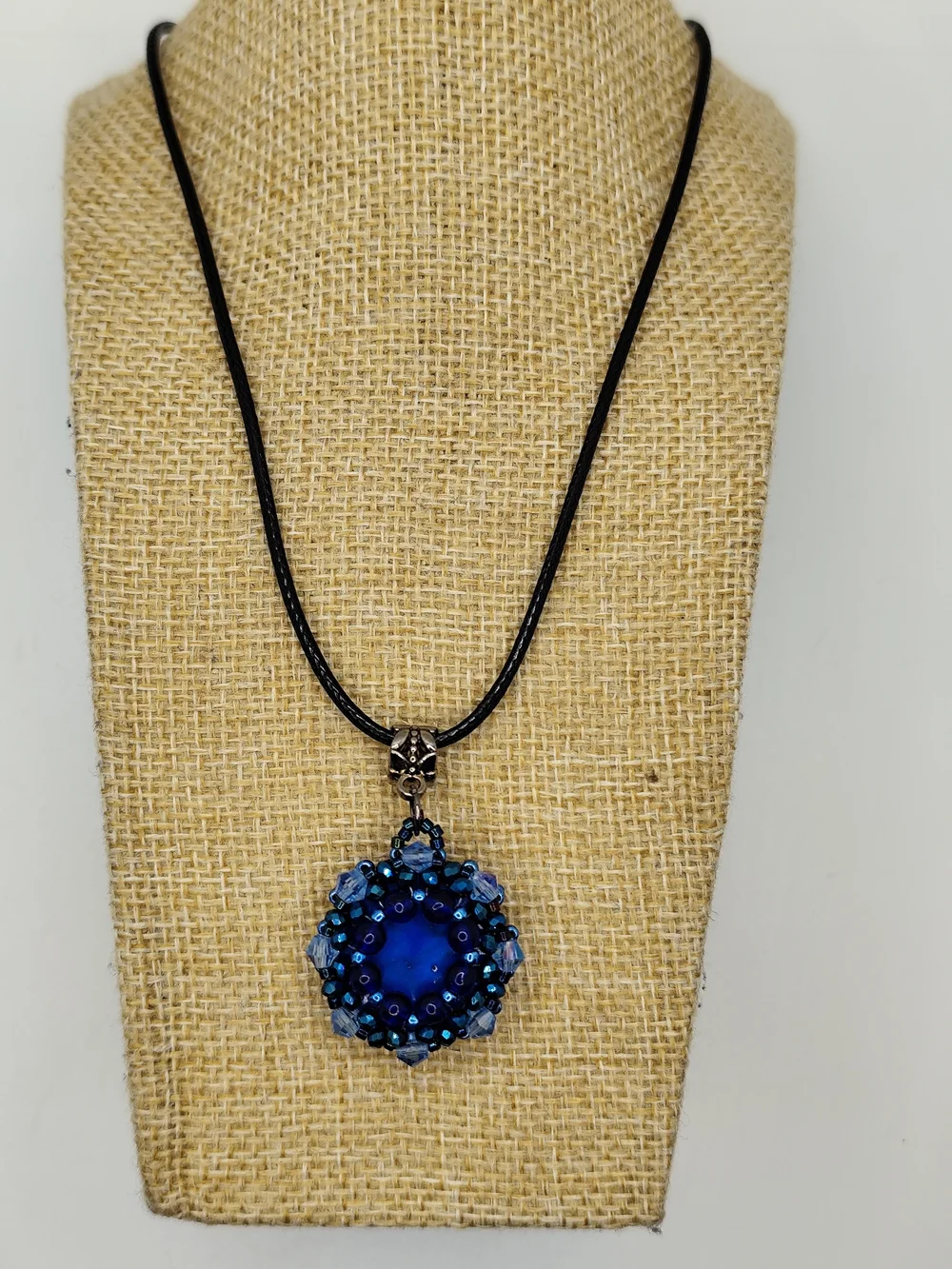 Handmade Deep Blue Beaded Pendant Necklace with Black Cord